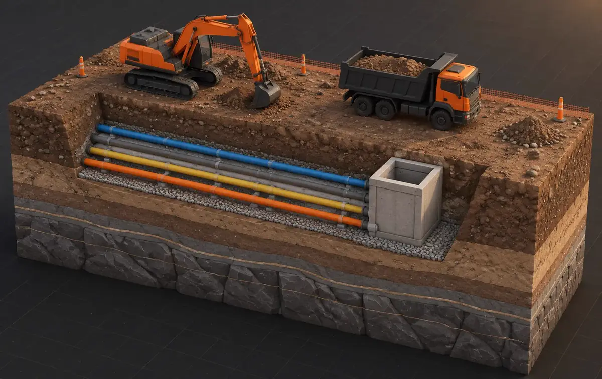 Cutaway illustration of an excavator and dump truck above a trench with four service conduits, a service pit, engineered fill and bedrock